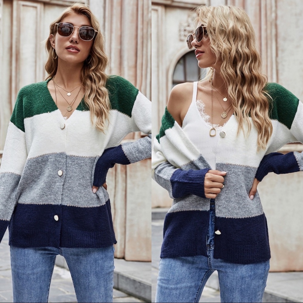 🍀V Neck Wide Stripped Button Down Sweater Forest